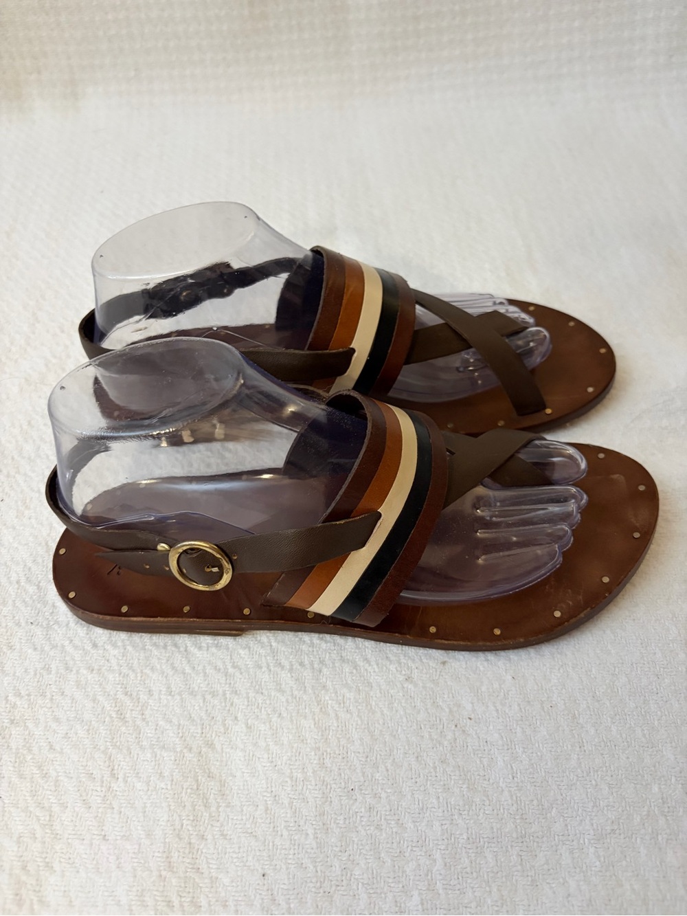 beek Sunbeam Stripe Euro-Summer Handmade Brown Leather Strappy Sandals Size 9